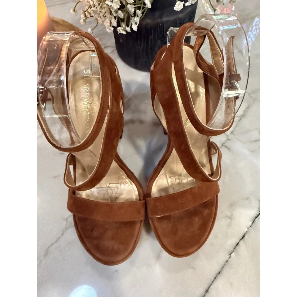 Stuart Weitzman Brown Suede Saucy Platform Wedge Sandals Ankle Strap Heels 9.5 M